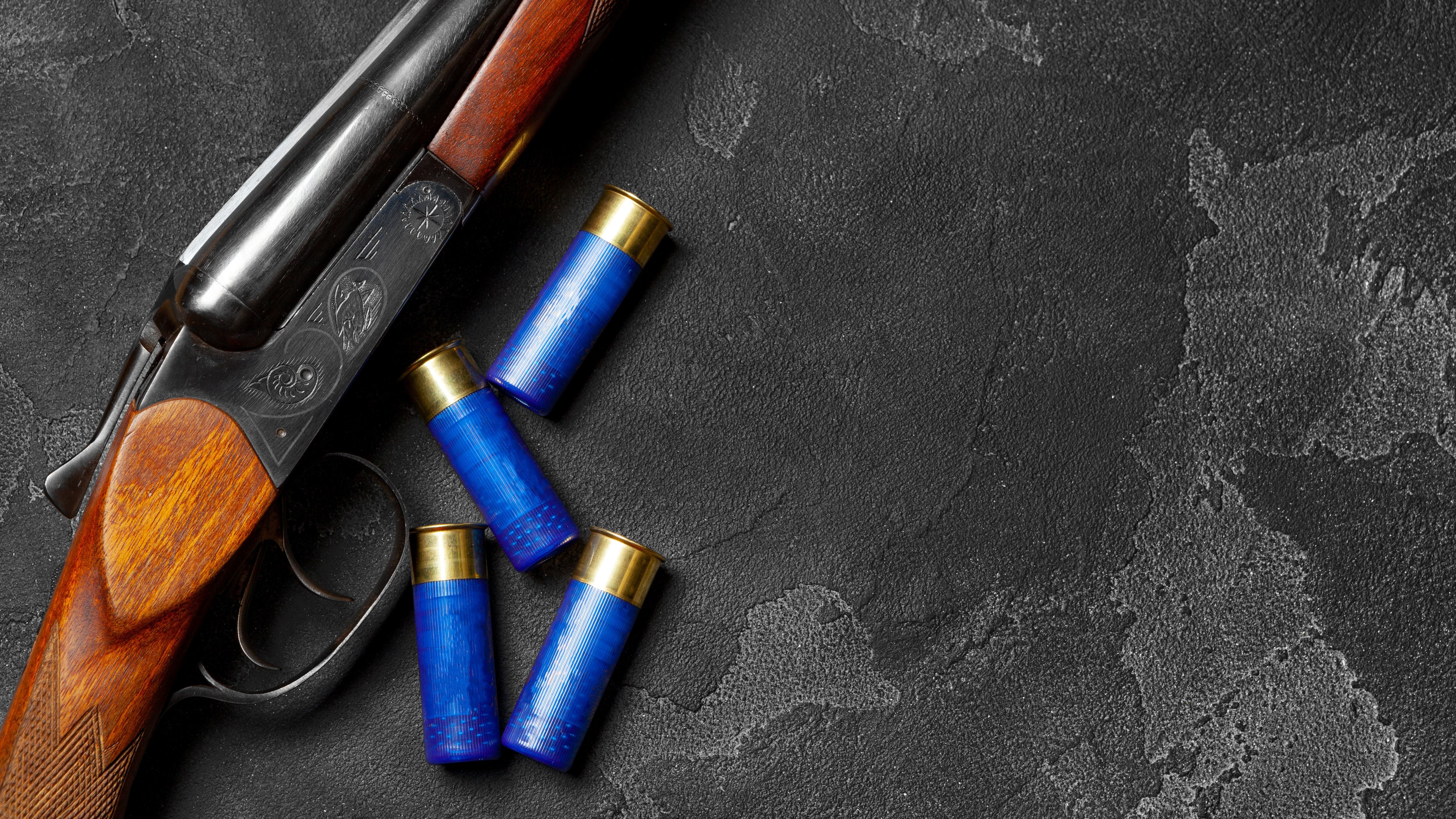 Close up photo of hunting shotgun and cartridges on dark grey background