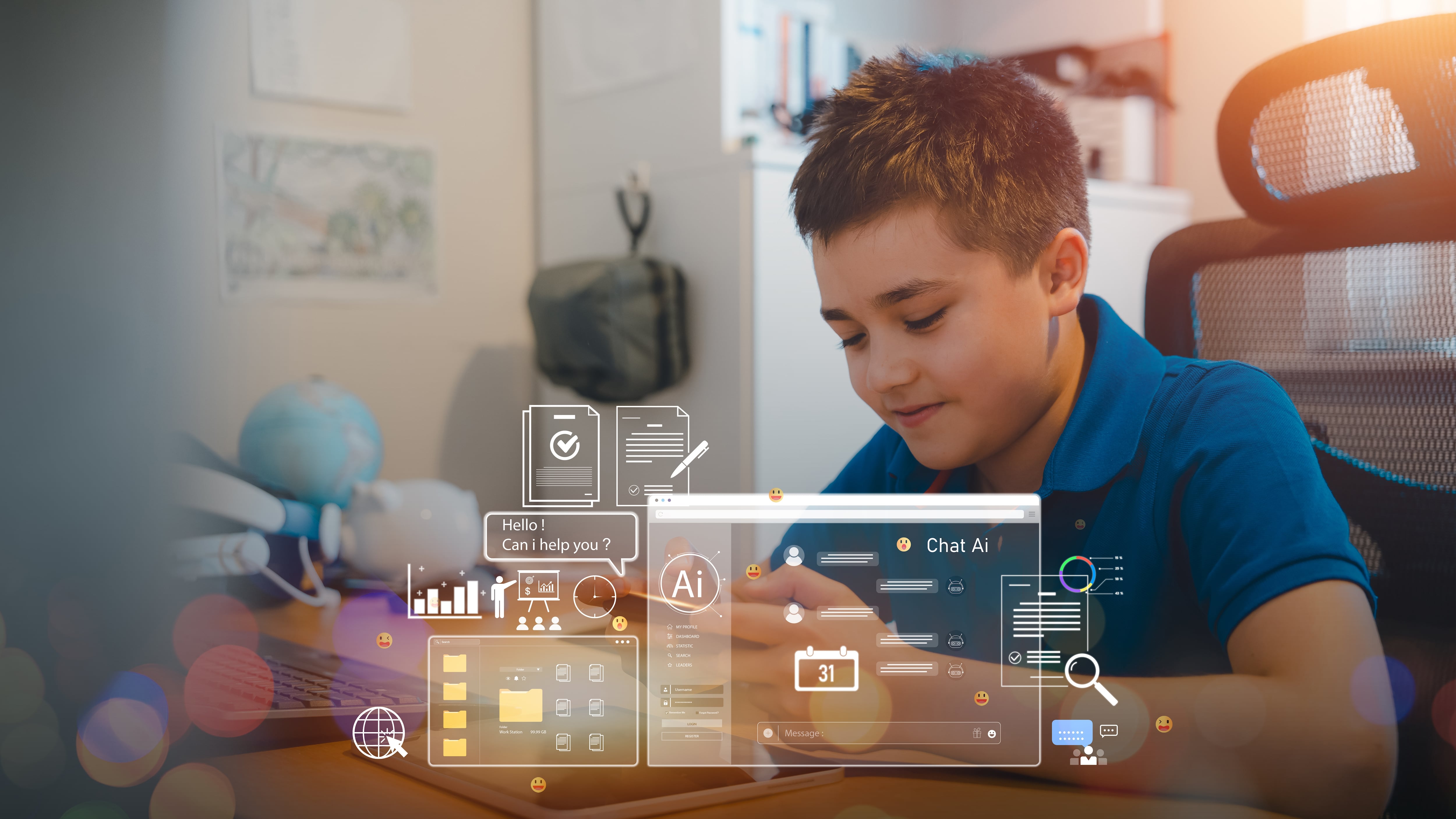 Teen boy studying with tablet and AI interface graphics.Concept of e-learning, artificial intelligence in education,online study with classmates, multilingual learning and future classroom technology