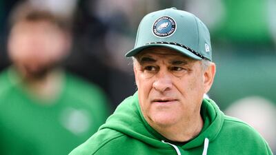 FILE - Philadelphia Eagles defensive coordinator Vic Fangio looks on before an NFL football game against the Dallas Cowboys, Sunday, Dec. 29, 2024, in Philadelphia. (AP Photo/Terrance Williams, File)